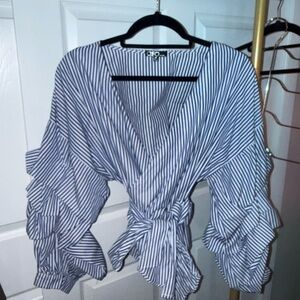 Blue and White Striped Wrap Blouse